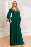 Dark Green A-Line V Neck Long Formal Dress With Sequins