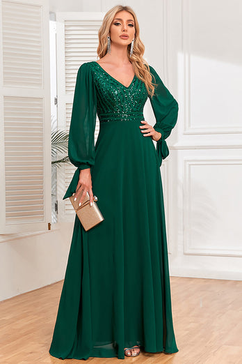 Dark Green A-Line V Neck Long Formal Dress With Sequins