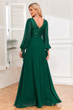 Dark Green A-Line V Neck Long Formal Dress With Sequins