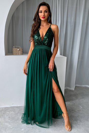 Dark Green A-Line Spaghetti Straps Long Formal Dress with Slit
