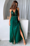 Dark Green A-Line Spaghetti Straps Long Formal Dress with Slit