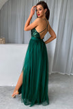 Dark Green A-Line Spaghetti Straps Long Formal Dress with Slit