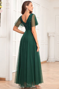 Dark Green A-Line V Neck Tulle Formal Dress with Sequins