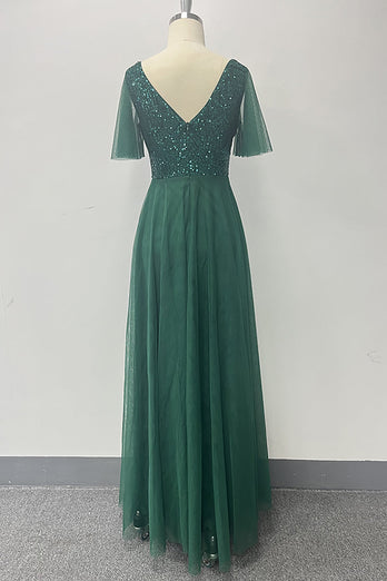 Dark Green A-Line V Neck Tulle Formal Dress with Sequins
