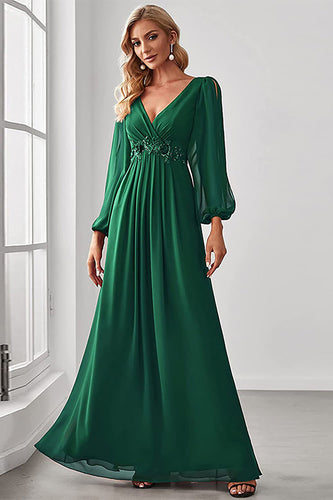 Dark Green A-Line V Neck Chiffon Long Formal Dress