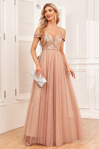 Champagne A-Line Tulle Long Formal Dress with Sequins