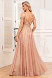 Champagne A-Line Tulle Long Formal Dress with Sequins