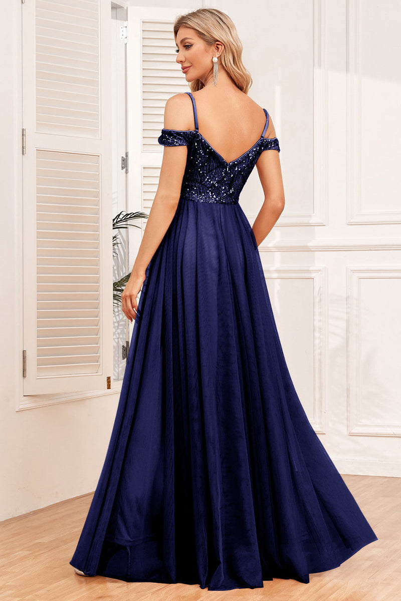 Load image into Gallery viewer, Champagne A-Line Tulle Long Formal Dress with Sequins