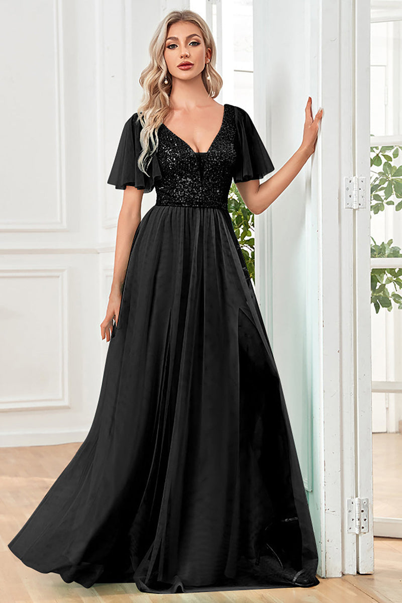 Load image into Gallery viewer, Black A-Line V Neck Long Formal Dress with Sequins