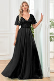 Black A-Line V Neck Long Formal Dress with Sequins