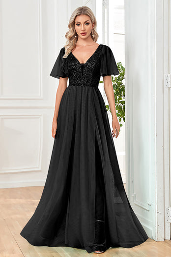Black A-Line V Neck Long Formal Dress with Sequins