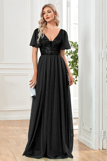 Black A-Line V Neck Long Formal Dress with Sequins
