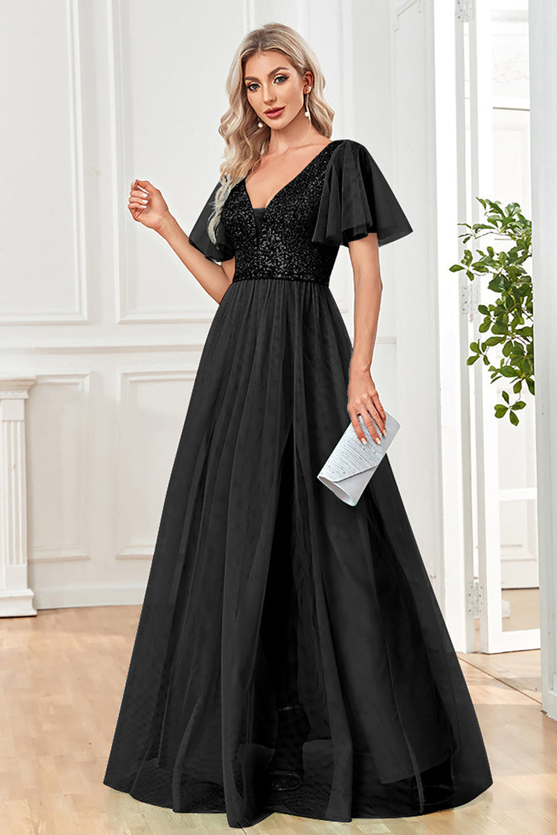 Load image into Gallery viewer, Black A-Line V Neck Long Formal Dress with Sequins