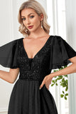 Black A-Line V Neck Long Formal Dress with Sequins