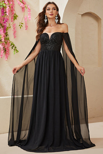 Black  A-line Off The Shoulder Chiffon Long Formal Dress