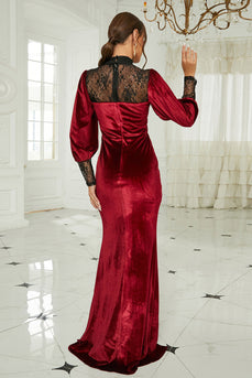 Mermaid Burgundy Long Sleeves Velvet Formal Dress with Slit