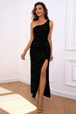 Mermaid Dark Green One Shoulder Sequins Formal Dress with Slit