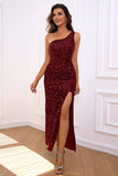 Mermaid Dark Green One Shoulder Sequins Formal Dress with Slit