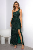 Mermaid Dark Green One Shoulder Sequins Formal Dress with Slit