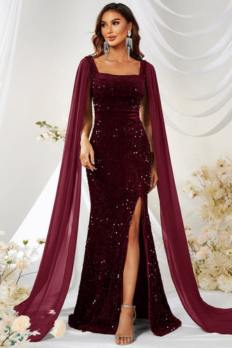 Burgundy Mermaid Square Neck Sequins Long Formal Dress with Slit