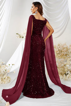 Burgundy Mermaid Square Neck Sequins Long Formal Dress with Slit