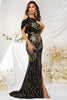 Load image into Gallery viewer, Black Gold Mermaid One Shoulder Sequins Formal Dress with Slit