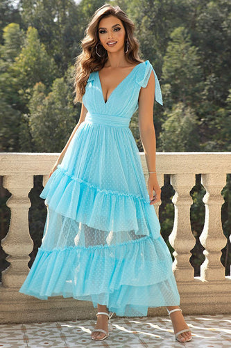 Sky Blue A-Line V Neck Tulle Formal Dress with Ruffles