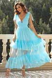 Sky Blue A-Line V Neck Tulle Formal Dress with Ruffles