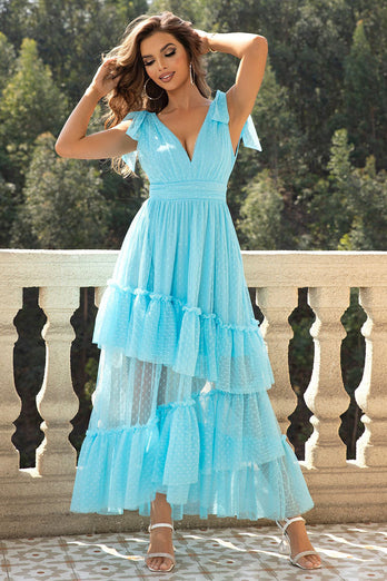 Sky Blue A-Line V Neck Tulle Formal Dress with Ruffles