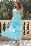 Sky Blue A-Line V Neck Tulle Formal Dress with Ruffles