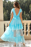 Sky Blue A-Line V Neck Tulle Formal Dress with Ruffles