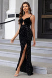 Black Mermaid Spaghetti Straps Sequin Formal Dress with Slit