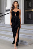 Black Mermaid Spaghetti Straps Sequin Formal Dress with Slit