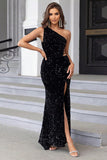 Black Mermaid One Shoulder Sequin Long Formal Dress with Slit