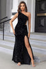 Load image into Gallery viewer, Black Mermaid One Shoulder Sequin Long Formal Dress with Slit