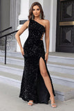 Black Mermaid One Shoulder Sequin Long Formal Dress with Slit