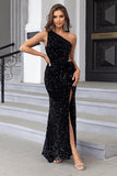 Black Mermaid One Shoulder Sequin Long Formal Dress with Slit