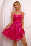 Sparkly A-Line Spaghetti Straps Hot Pink Cocktail Dress