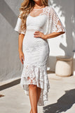 White Mermaid Lace Midi Dress With Half Sleeves