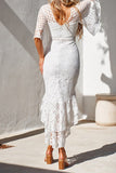 White Mermaid Lace Midi Dress With Half Sleeves