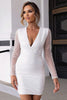 Load image into Gallery viewer, Sparkly White V-Neck Open Back Bodycon Dress With Long Sleeves