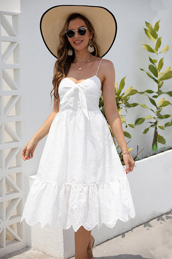 White A-Line Spaghetti Straps Hollow Summer Dress With Bowknot