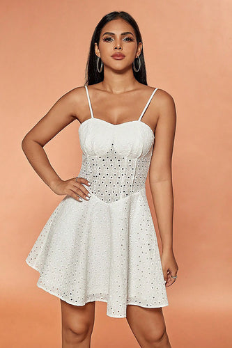 White A-Line Spaghetti Straps Short Lace Summer Dress
