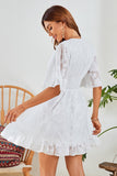 White A-Line V Neck Casual Dress With Short Sleeves