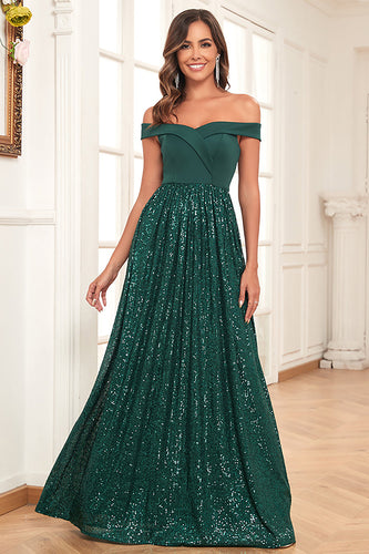 Dark Green A-Line Off The Shoulder Sequins Long Formal Dress
