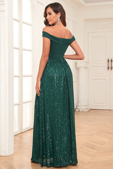 Dark Green A-Line Off The Shoulder Sequins Long Formal Dress