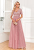 Load image into Gallery viewer, Dusty Rose A-Line V Neck Tulle Formal Dress with Short Sleeves
