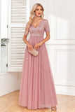 Dusty Rose A-Line V Neck Tulle Formal Dress with Short Sleeves