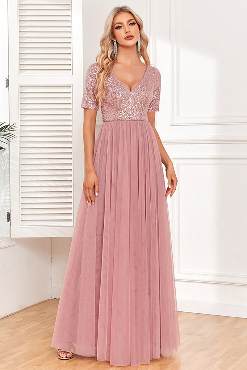 Load image into Gallery viewer, Dusty Rose A-Line V Neck Tulle Formal Dress with Short Sleeves