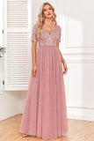 Dusty Rose A-Line V Neck Tulle Formal Dress with Short Sleeves